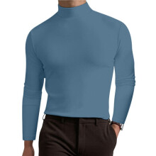T-Shirt met Col en Lange Mouwen voor Heren, Comfortabel, Effen Kleur, Casual Basiskleding Denimblauw XL