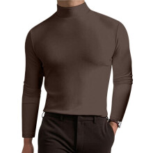 T-Shirt met Col en Lange Mouwen voor Heren, Comfortabel, Effen Kleur, Casual Basiskleding Donkere Koffie XL