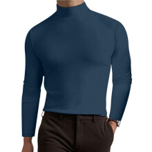 T-Shirt met Col en Lange Mouwen voor Heren, Comfortabel, Effen Kleur, Casual Basiskleding Marineblauw L