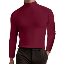 T-Shirt met Col en Lange Mouwen voor Heren, Comfortabel, Effen Kleur, Casual Basiskleding Wijnrood M