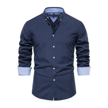 Casual, Veelzijdige Herenblouse met Lange Mouwen in Effen Kleur, Chic en Comfortabel voor op Kantoor Donkerblauw L