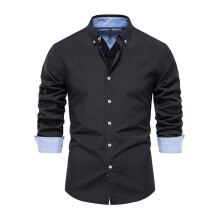 Casual, Veelzijdige Herenblouse met Lange Mouwen in Effen Kleur, Chic en Comfortabel voor op Kantoor Zwart L