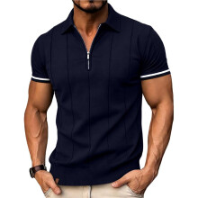 Gebreide Herenshirts met Kwartrits, Casual, Modieus, Slim Fit, Golfshirts Donkerblauw M