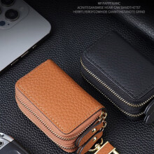 Leather Wallet Car Key Holder Case Keychain Bag Zips Pouch Double Layer Key Bag Navy blue
