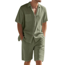 Heren 2-Delige Set: Shirt met Korte Mouwen, Knoopsluiting, Casual, Hippie, Vakantie, Strand, T-Shirt en Short Legergroen L