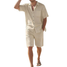 Heren 2-Delige Set: Shirt met Korte Mouwen, Knoopsluiting, Casual, Hippie, Vakantie, Strand, T-Shirt en Short Kaki XL
