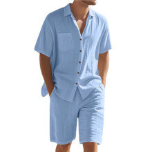 Heren 2-Delige Set: Shirt met Korte Mouwen, Knoopsluiting, Casual, Hippie, Vakantie, Strand, T-Shirt en Short Hemelsblauw XXL