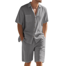 Heren 2-Delige Set: Shirt met Korte Mouwen, Knoopsluiting, Casual, Hippie, Vakantie, Strand, T-Shirt en Short Grijs XL
