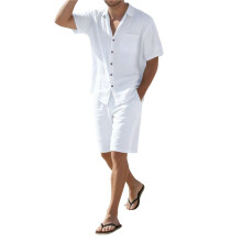 Heren 2-Delige Set: Shirt met Korte Mouwen, Knoopsluiting, Casual, Hippie, Vakantie, Strand, T-Shirt en Short Wit S