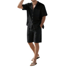 Heren 2-Delige Set: Shirt met Korte Mouwen, Knoopsluiting, Casual, Hippie, Vakantie, Strand, T-Shirt en Short Zwart S