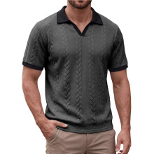 Heren V-Hals Shirt Korte Mouw Textuur Casual Zomer voor Shirts Donkergrijs XXL