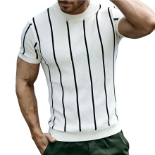 Heren T-Shirts Korte Mouw Gebreide Trui Casual Crewneck Streep Pullover T-Shirts Wit L