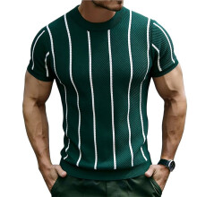 Heren T-Shirts Korte Mouw Gebreide Trui Casual Crewneck Streep Pullover T-Shirts Groen M