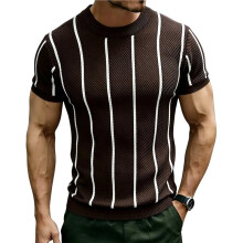 Heren T-Shirts Korte Mouw Gebreide Trui Casual Crewneck Streep Pullover T-Shirts Bruin XXL