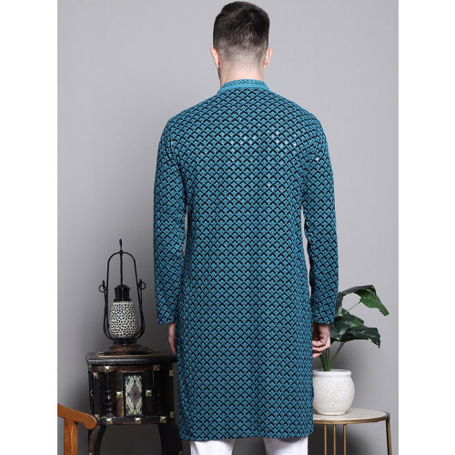 Jompers Mens Sequin Embroidered Pure Cotton Kurtas (Blue S) 1