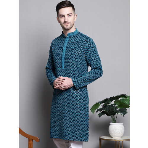 Jompers Mens Sequin Embroidered Pure Cotton Kurtas (Blue S) 2