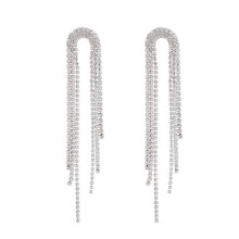 Fashion Long Tassel Crystal Drop Earrings for Women Geometric Full Rhinestone Earrings Statement Jewelry (Silver Color)