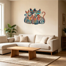 Mid Century Colorful Iron Cat Wall Sculpture 13.58x12.40 Inches, Retro Cat Lover Wall Sign for Home & Workspace Decor