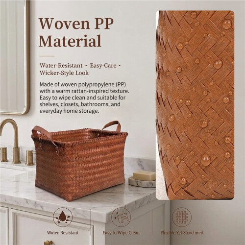 4 Pack Rectangular Hand Woven Wicker Storage Baskets with Handles, Water Repellent Brown Organizer Bins for Shelves 2