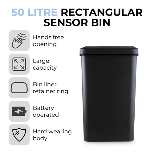Tower Tower Rectangular Sensor Bin with Bin Liner Retainer Ring, Durable PP Body, Battery Operated, 50L, Black, T838025BLK 1