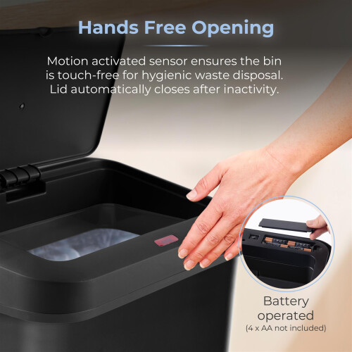 Tower Tower Rectangular Sensor Bin with Bin Liner Retainer Ring, Durable PP Body, Battery Operated, 50L, Black, T838025BLK 2