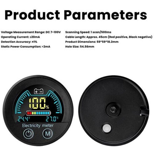 7-100V Round Digital Battery Capacity Indicator Waterproof Voltmeter for Acid,Ternary Lithium Iron Phosphate Battery 1