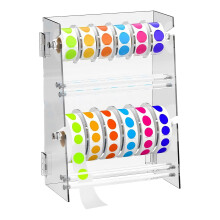 Acrylic Sticker Roll Holder, Adjustable 2 Tier Label Dispenser with 12 Roll Capacity, Removable Dividers for Office, School, Craft Room & Warehouse