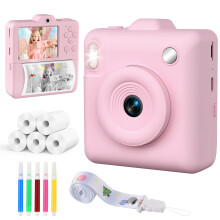(Pink) Kinderkamera-Sofortdruck – 1080P-HD-Video-Kinderkameras mit zwei Objektiven, 2,4-Zoll-Sofortbildkamera für Kinder, 5 Rollen