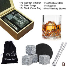 (B) Whisky-Steine-Set für Männer – 8 Stück Granit-Eiswürfel mit 2 Stück Whisky-Gläsern in Holzbox, Geschenk zum Vatertag f