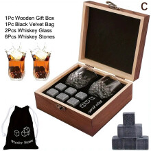 (C) Whisky-Steine-Set für Männer – 8 Stück Granit-Eiswürfel mit 2 Stück Whisky-Gläsern in Holzbox, Geschenk zum Vatertag f