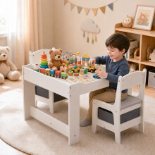 GALACTICA Wooden Kids Table & 2 Chair Set with Storage Bins Hidden Storage Organizer White