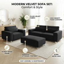 (Footstool, Black Velvet) SLOANE SOFA SET 3+2 PLUSH VELVET SUITE SETTEE COUCH 1,2,3 SEATER CORNER LOVESEAT LONGUE