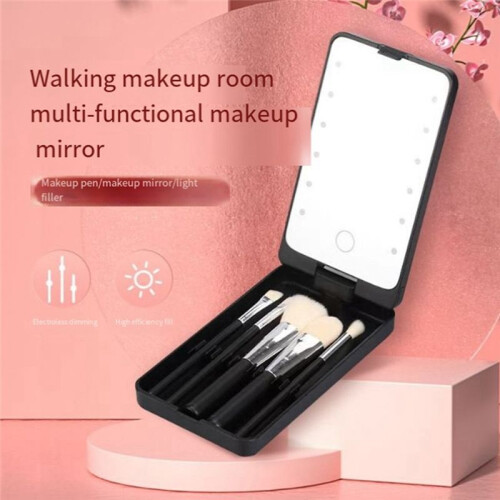 Mirror Portable Makeup Mirror with 5 Brushes Storage Box LED Touch Portable One-Face Storage Box Makeup Mirror White 2