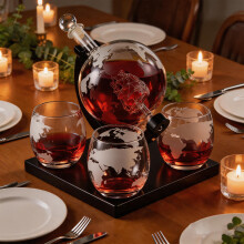 Kugelförmiges Dekanter-Set: kugelförmige Weinflasche (1000 ml), Glas (300 ml), Ständer, gefertigt aus Borosilikatglas,