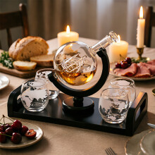 Kugelförmiges Dekanter-Set, bestehend aus 4 Gläsern (300 ml) und einem klaren Borosilikatglas-Dekanter (1000 ml), mundgeblasen,