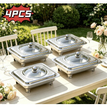 Packung mit 4 Buffettabletts aus Edelstahl und Glas, 33,5 x 27,5 cm, Präsentationsdeckel mit graviertem Deckel, abnehmbare Beine,