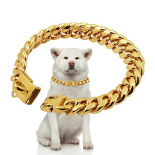 Metal Dog Collar Stainless Steel Pet Choker Gold Link Chain 14mm Wide Lead for Small Medium Dogs