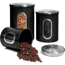 Canisters Set for Kitchen Counter Storage, 3-Piece Metal Food Saver Jars Set with Airtight Lids, Black, for Coffee Beans