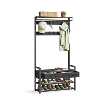 Hall Tree - Wood and Fabric - Stone Grey and Ink Black - Coat Rack with Bench and 2 Drawers