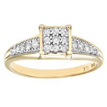 (O) Jewelco London 9ct Yellow Gold Round 1/4ct Diamond Raised Square Top Signet Cluster Ring - PR0AXL7429Y
