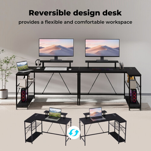 Levede L-Shape Gaming Desk RGB Power Outlet Black 2