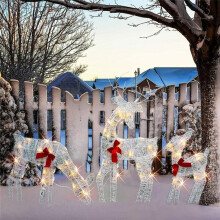 Set of 3 Lighted Christmas 2D Reindeers Outdoor Decorations, Pre-Lit Light Xmas Rudolph & Santa Sleigh with Lights