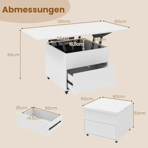 Felnyitható dohányzóasztal tárolóval, fehér, mobil