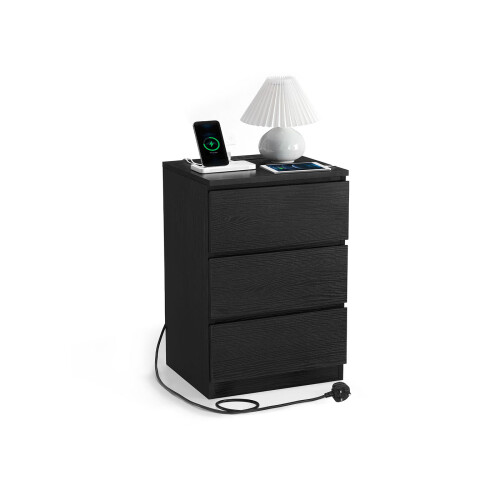 Bedside Table - Engineered Wood - Ebony Black - 3 Drawers with Charging Station