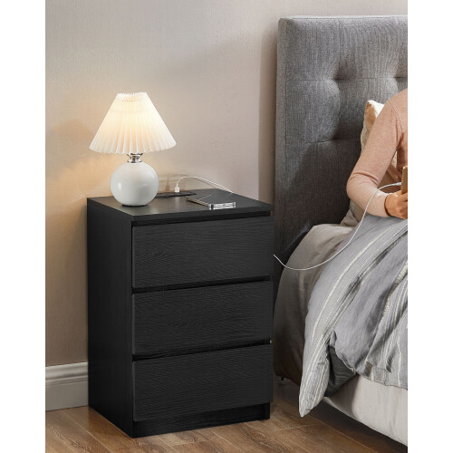 Bedside Table - Engineered Wood - Ebony Black - 3 Drawers with Charging Station 1