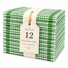 (Green) 12x Wonderdry Tea Towels Set 100% Cotton Kitchen Dish Bar Cloths, Super Absorbent Cleaning & Drying Towels, Reusable Washable Tea Towels