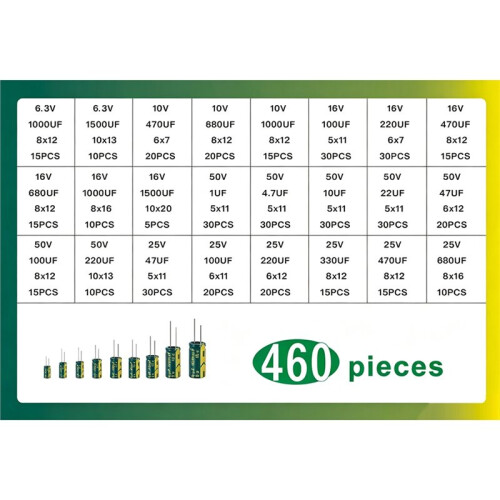 460PCS 24Values Aluminum Capacitor Box Kit High-Frequency Electrolytic Capacitors with Strong Box