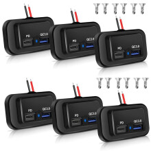 6 STUKS 12V/24V RV USB-Uitgang, Dubbele PD3.0 Type-C (USB C) en Snel Opladen QC3.0 USB-A-Poort, Paneelmontage Auto USB-Aansluiting Oplader