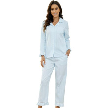 Pyjama Coton Femme Ensemble Manches Longues Confortable Bleu Clair M