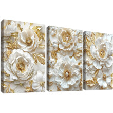 Tableaux sur Toile Décoration Murale Lot de 3 50x70 cm Fleurs Beige Doré — art mural salon, triptyque pivoines